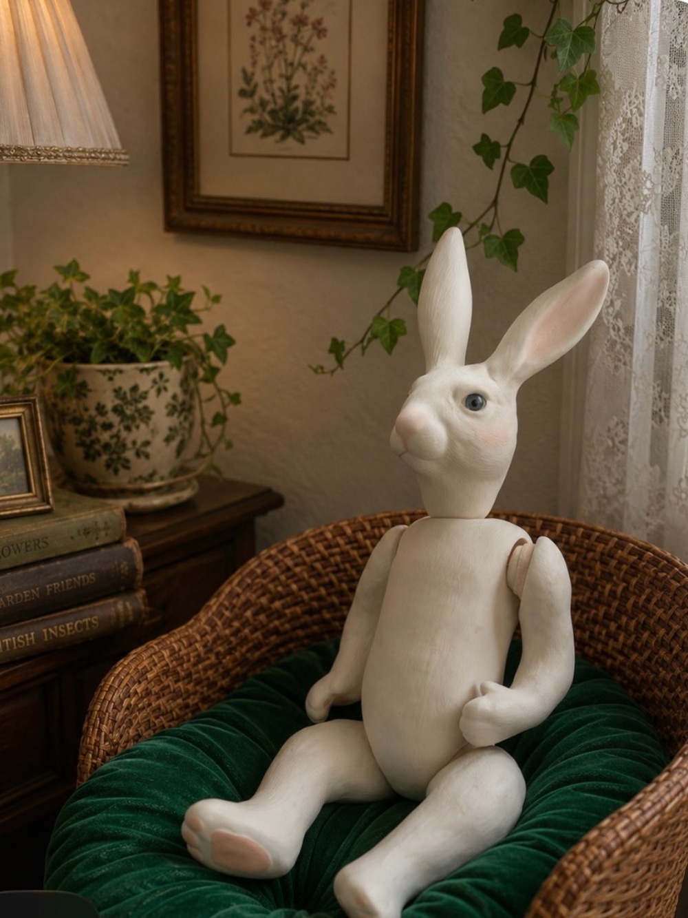 Ceramic bisque Articulated Bunny Doll with blue  glass eyes - Picture 3 of 7